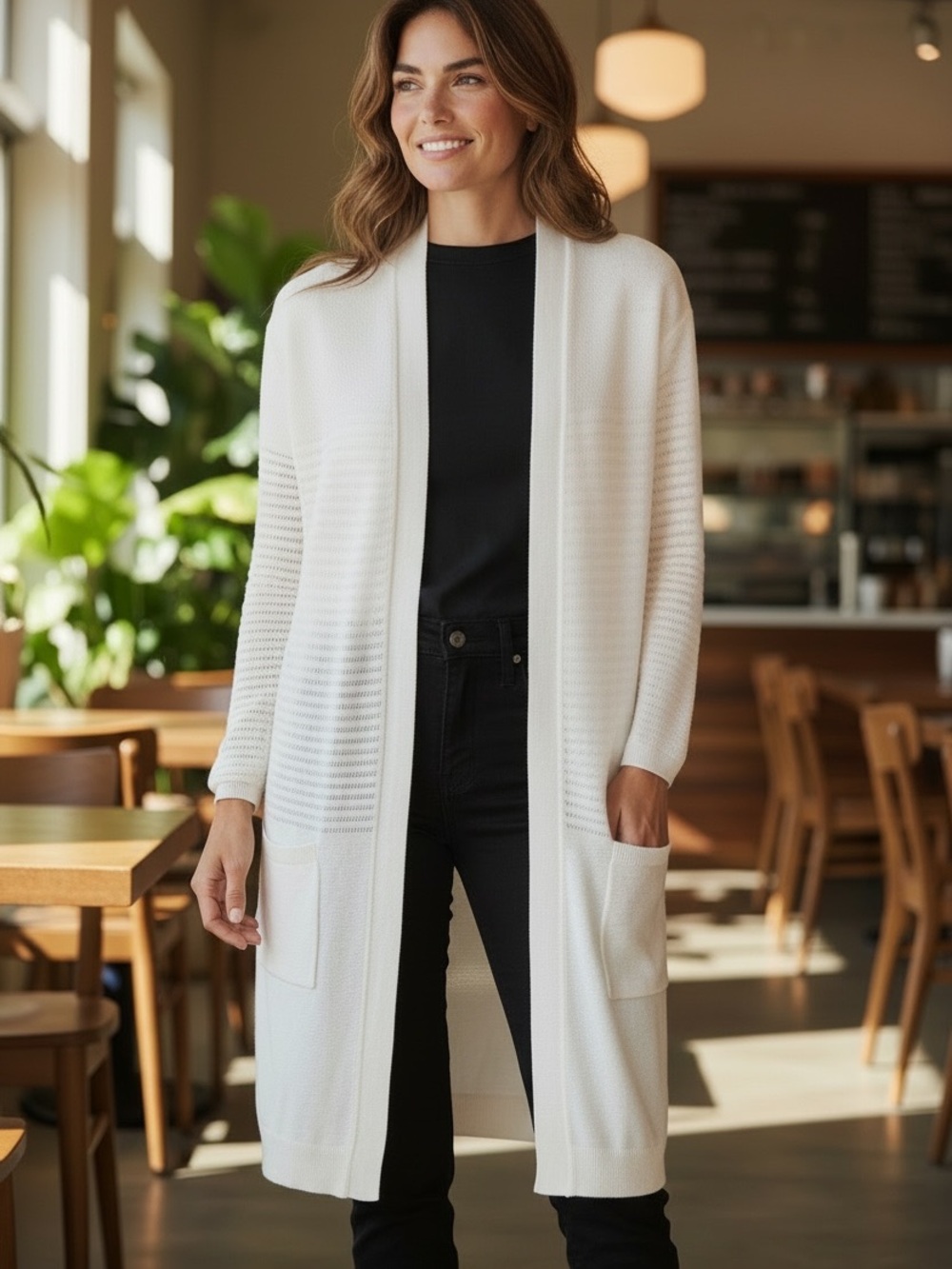 Talbots White Open-Front Long Cardigan cotton blend